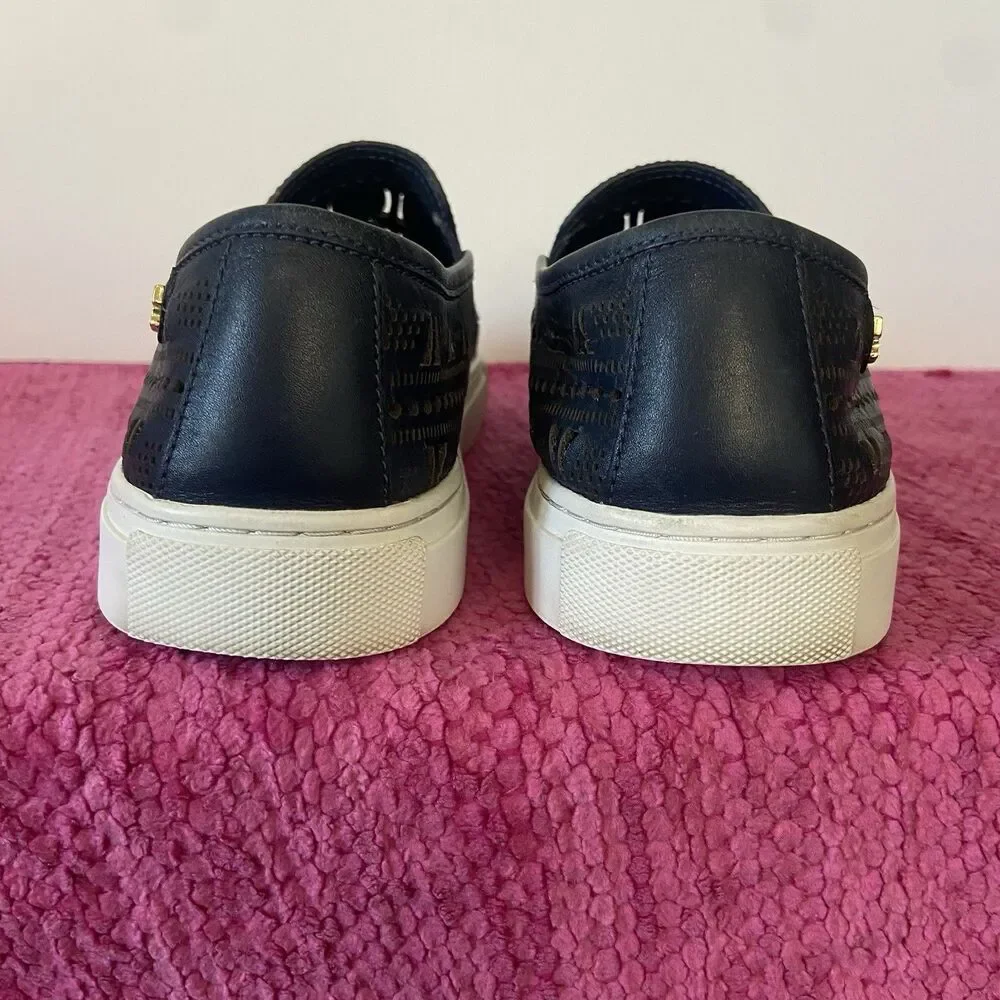 Tory Burch Lennon Slip On Leather Sneakers Laser Perforated Navy Blue Size 8.5M